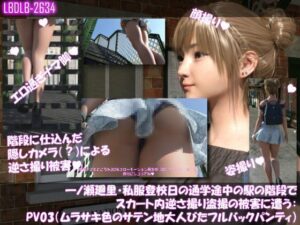 一ノ瀬廻里・私服登校日の通学途中の駅の階段でスカート内逆さ撮り盗撮の被害に遭う:PV03（ムラサキ色のサテン地大人びたパンティ） レビュー