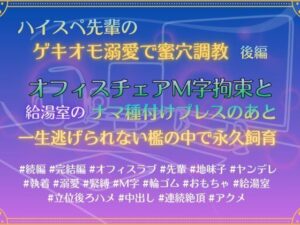 ハイスペ先輩のゲキオモ溺愛で蜜穴調教・後編。オフィスチェアM字拘束と、給湯室のナマ種付けプレスのあと、一生逃げられない檻の中で永久飼育 レビュー