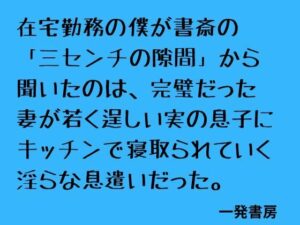 在宅勤務の僕が書斎の「三センチの隙間」から聞いたのは、完璧だった妻が若く逞しい実の息子にキッチンで寝取られていく淫らな息遣いだった。 レビュー