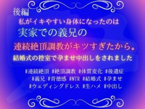 私がイキやすい身体になったのは、義兄の連続絶頂調教が厳しすぎたから。結婚式の控室で孕ませ中出しをされました。後編 レビュー